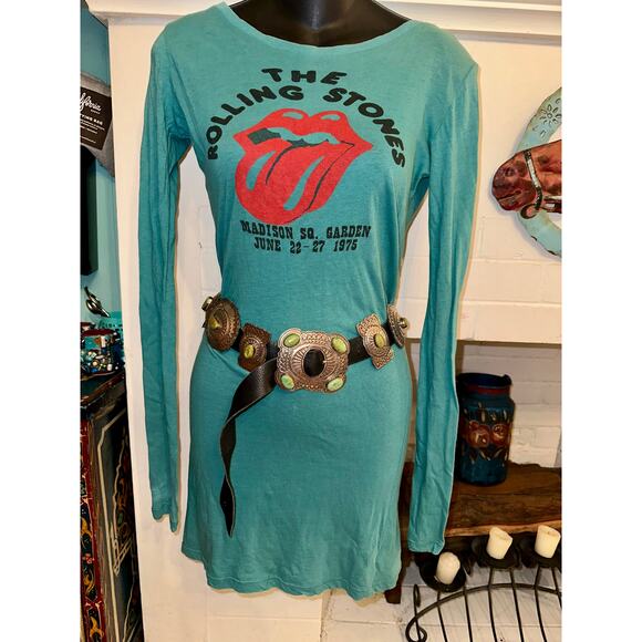 VINTAGE 90's ROLLING STONES TURQUOISE BAND TEE BODYCON DRESS - Picture 2 of 8